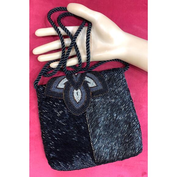 80s Art Deco Style Micheline Burke Black & Copper Beaded Shoulder Bag - Picture 1 of 10
